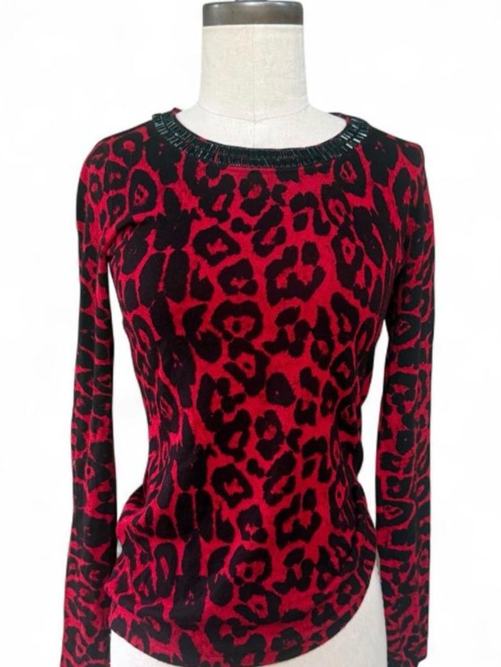 Red and Black Leopard Print Long-Sleeve Women's Top Embellished collar INC XS